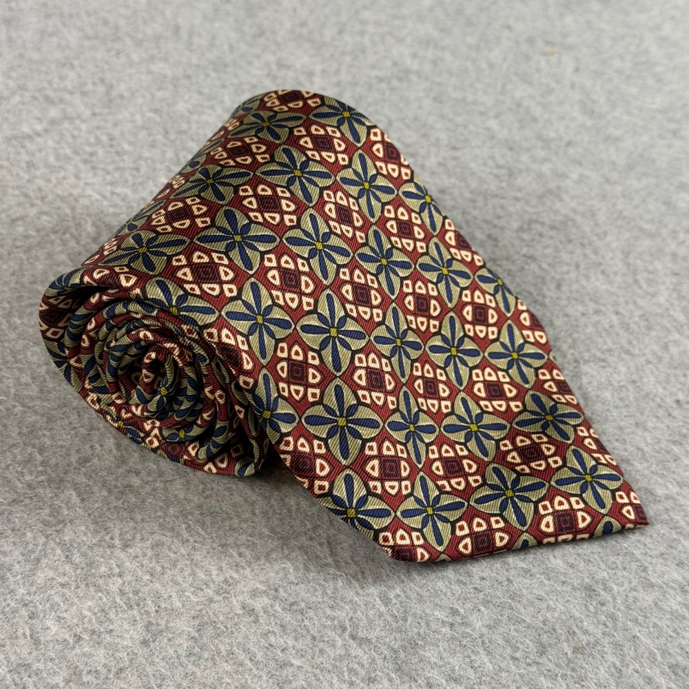 J. Crew Silk Tie Burgundy Blue Geometric Floral Medallion Hand Made USA 57x4"